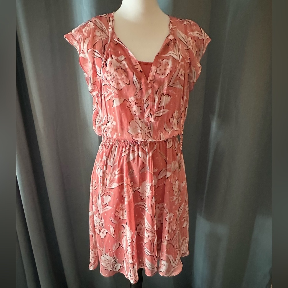 WHBM Dress Women's XS Pink Sleeveless Floral A Line Flowy Lined Ruffle Boho